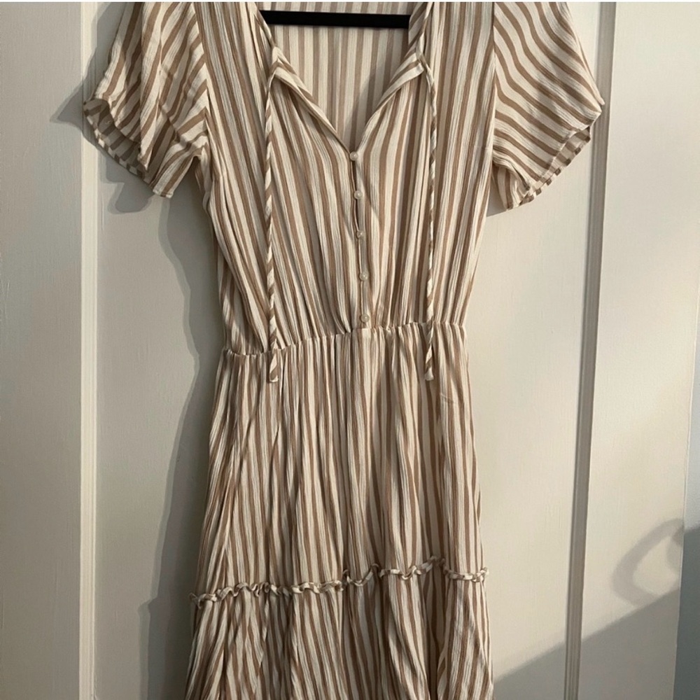 Abercrombie & Fitch Tan and White Striped Midi Dress